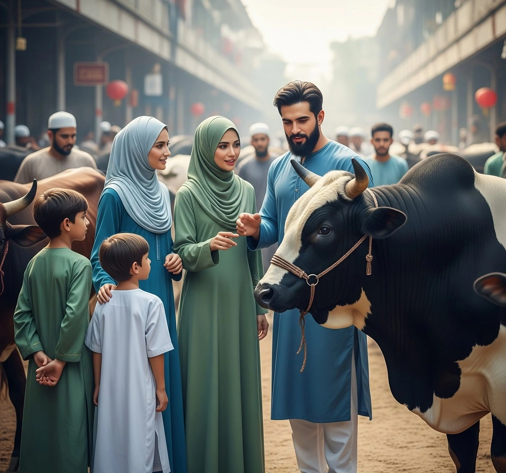 Muslim family choosing a qurban animal for Eid al-Adha