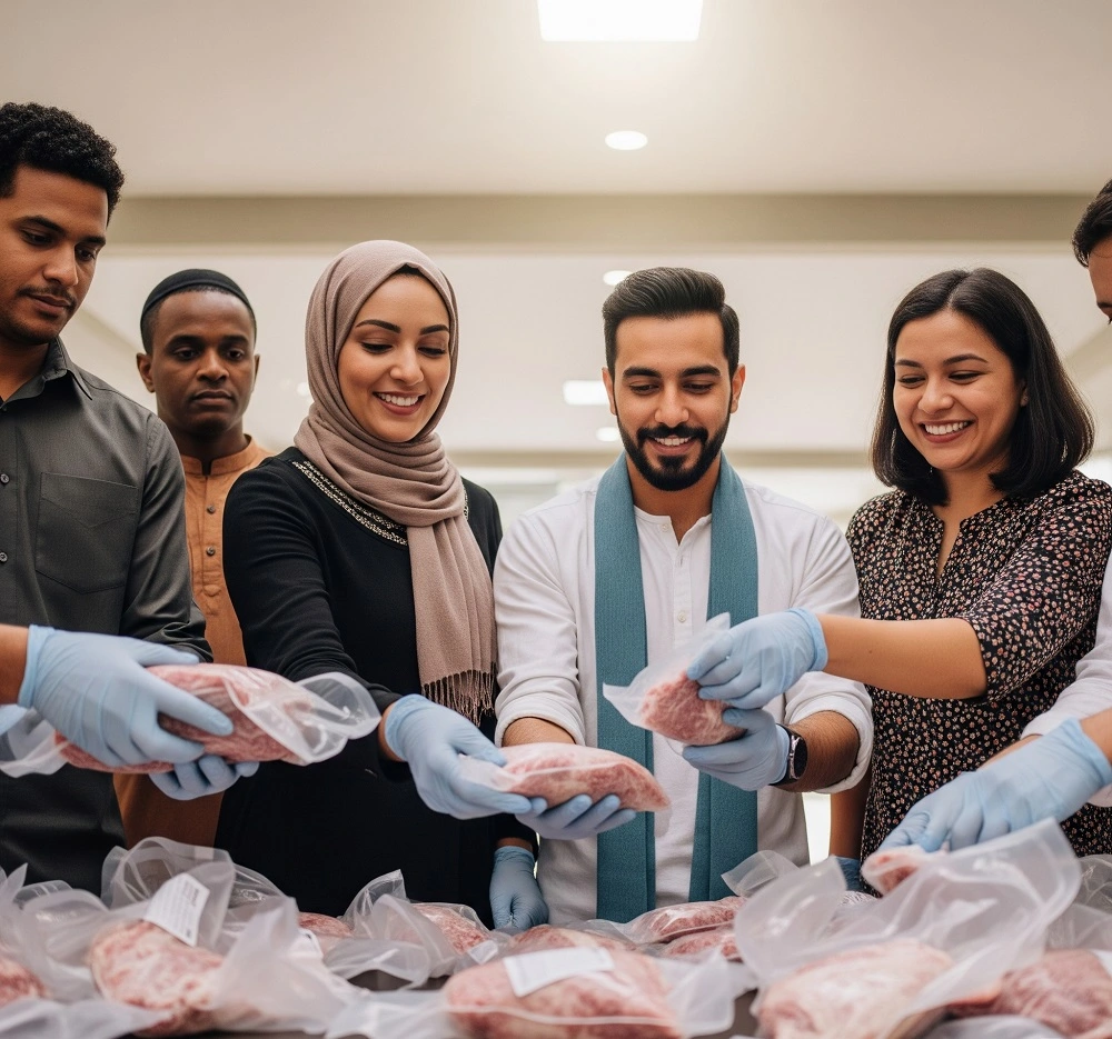 Community working together to distribute Qurban meat