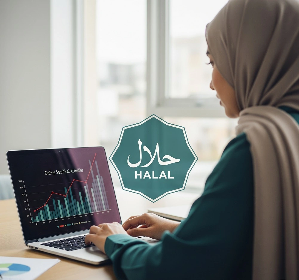 Illustration of a laptop and sacrificial animals, symbolizing online Qurban