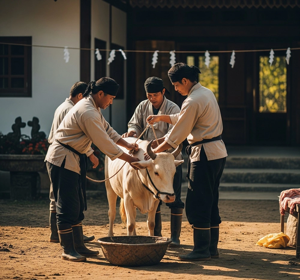 Muslim family celebrating Eid al-Adha with sacrificial animals