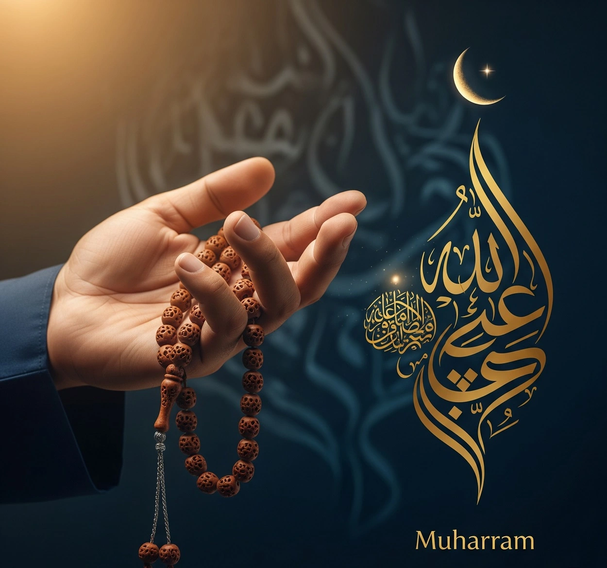 A Muslim hand holding prayer beads, with Muharram calligraphy and a crescent moon in the background, symbolizing practices in the Islamic New Year.