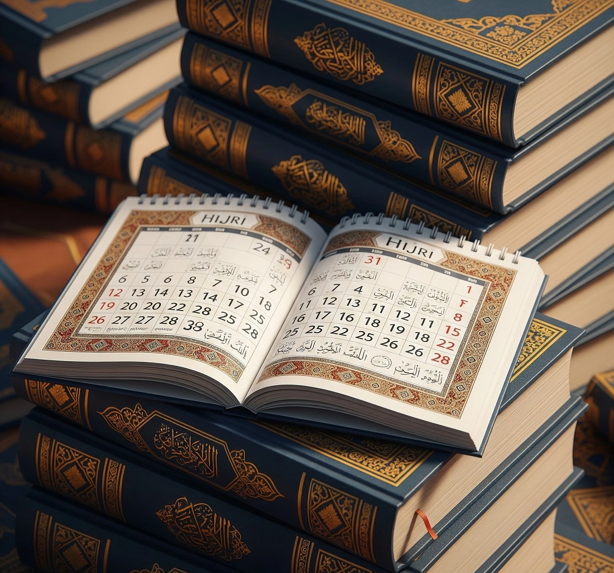 A stack of Islamic books with an open Hijri Calendar, symbolizing the search for information about 1 Muharram and the Islamic New Year.