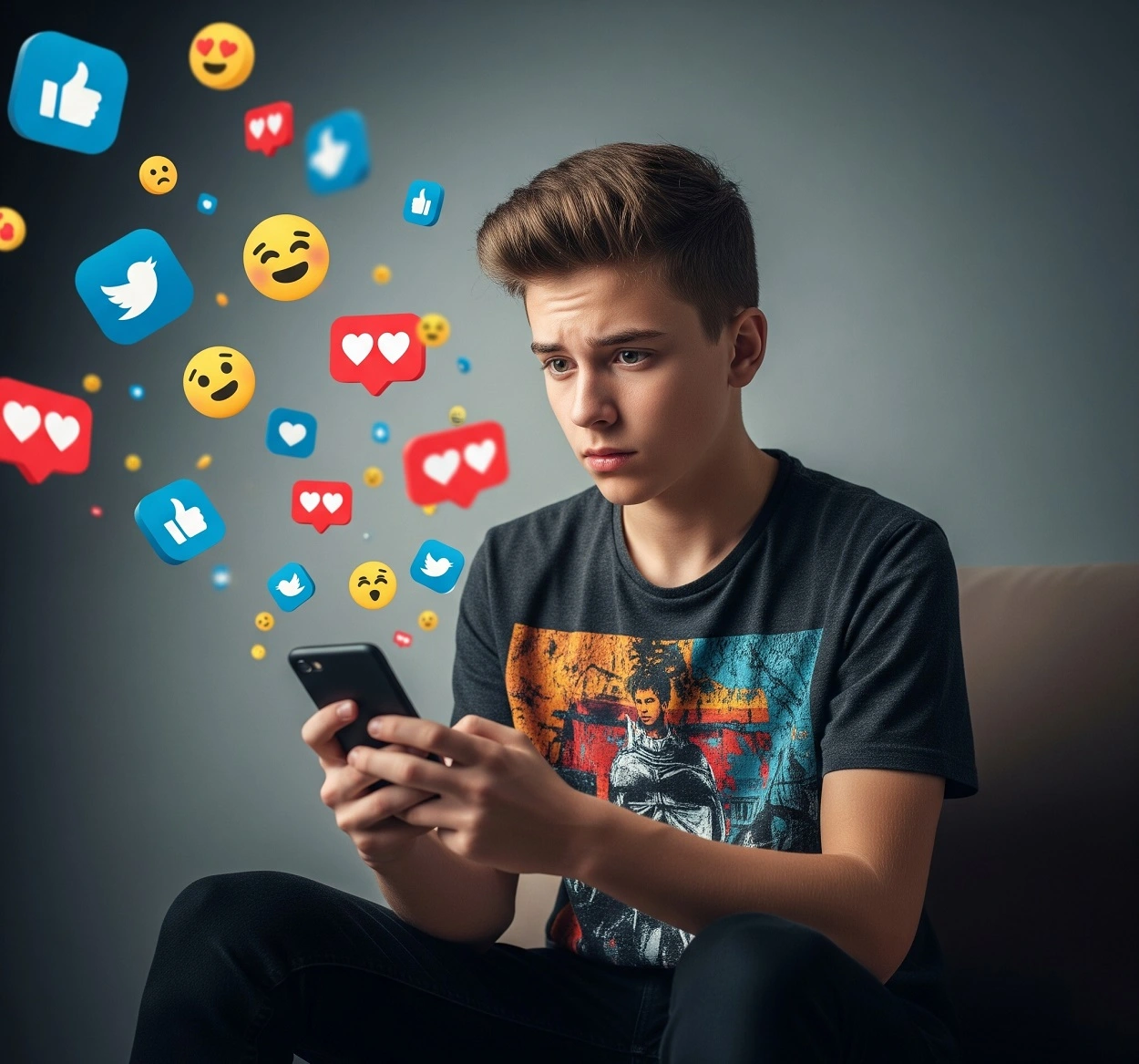 A teenager looking at a phone screen with mixed emotions, surrounded by floating social media icons, symbolizing the complex relationship between social media and mental health.