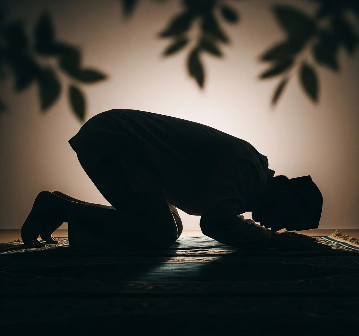 A silhouette of a person prostrating on a prayer mat, surrounded by soft light and leaf shadows, symbolizing inner peace and spiritual connection.