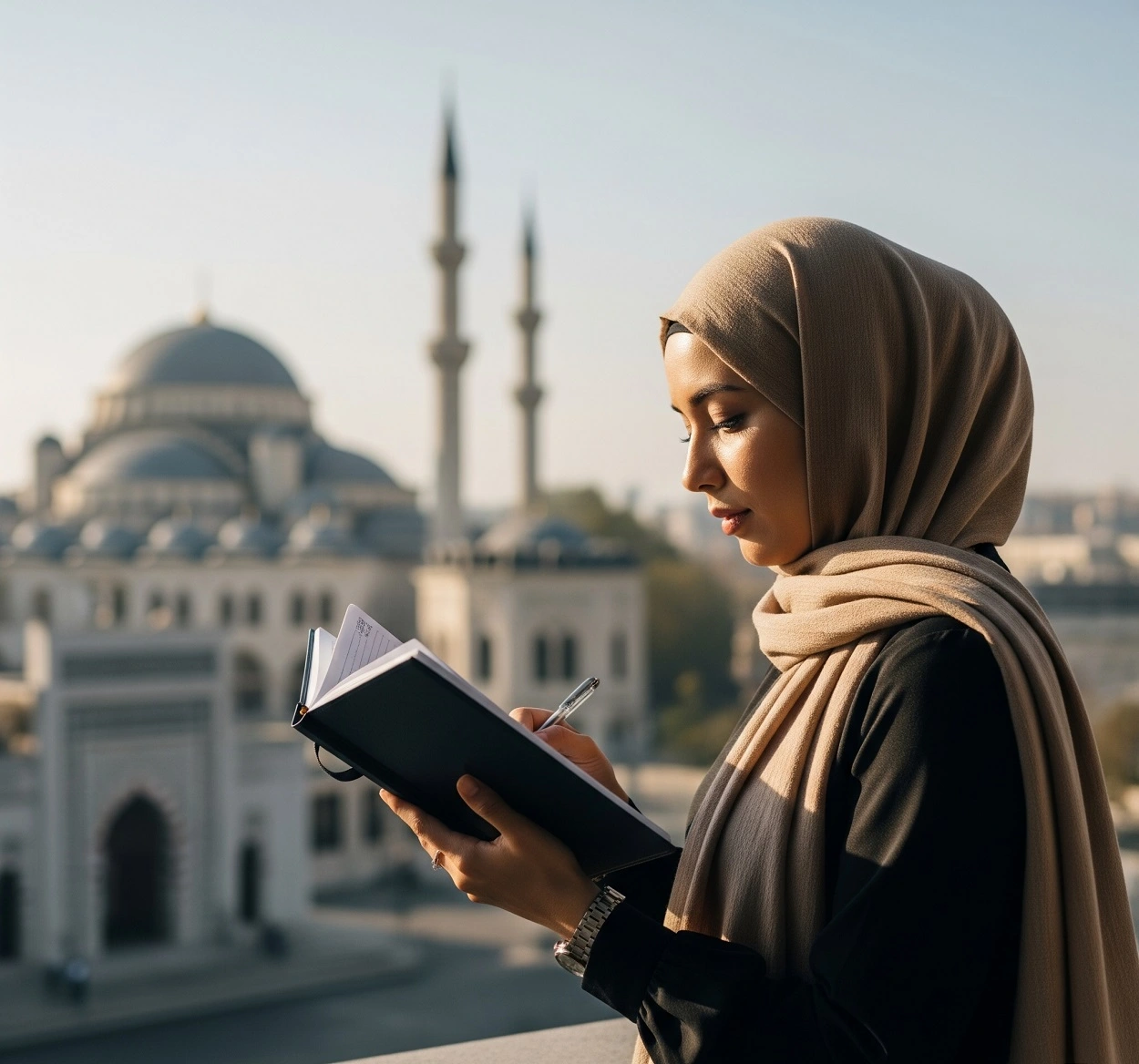 A Muslim person organizing a daily schedule with a mosque and urban skyline in the background, symbolizing the harmony between spirituality and worldly busy-ness.
