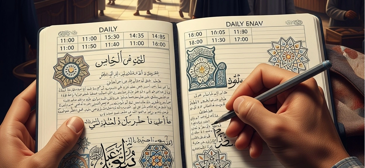 A hand writing in a daily planner organized by prayer times, with a background illustration of a busy yet calm Muslim.