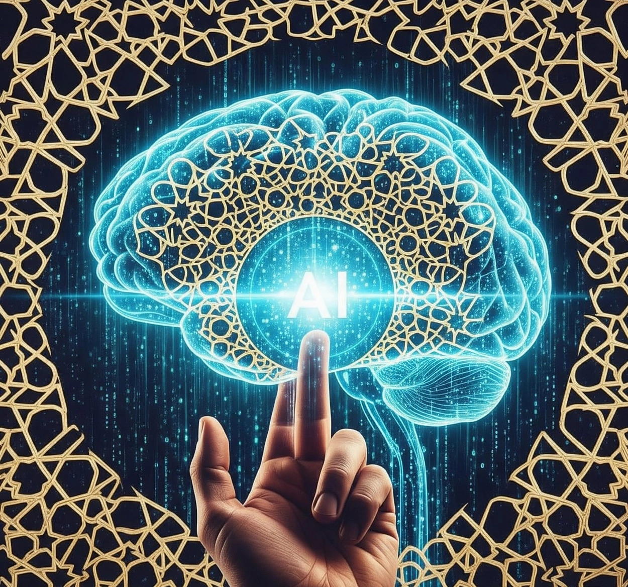 An illustration of artificial intelligence as a digital brain connected with Islamic geometric patterns and a human hand, symbolizing the integration of AI technology with Islamic ethical values.