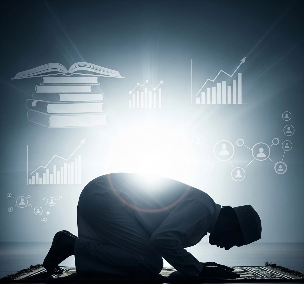 A silhouette of a Muslim prostrating on a prayer mat, with bright light around them and faint symbols of self-development like books, graphs, and social circles in the background, depicting holistic growth.
