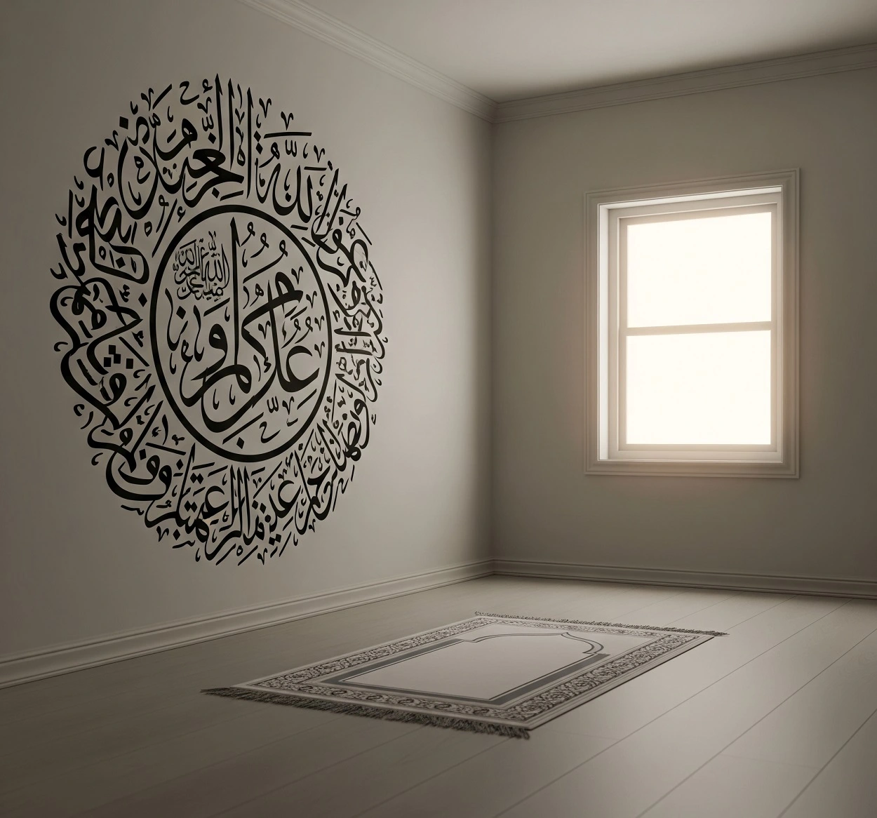 A simple yet calming minimalist Islamic room, with calligraphy on the wall and a prayer mat spread out, depicting simplicity and inner peace.
